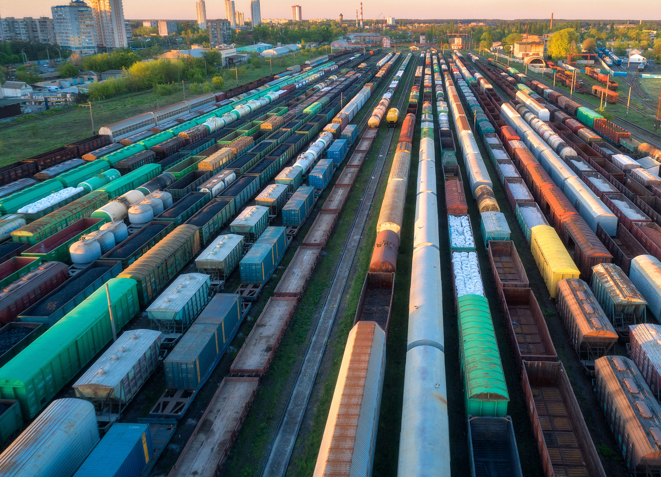 aerial view of freight trains on railway station